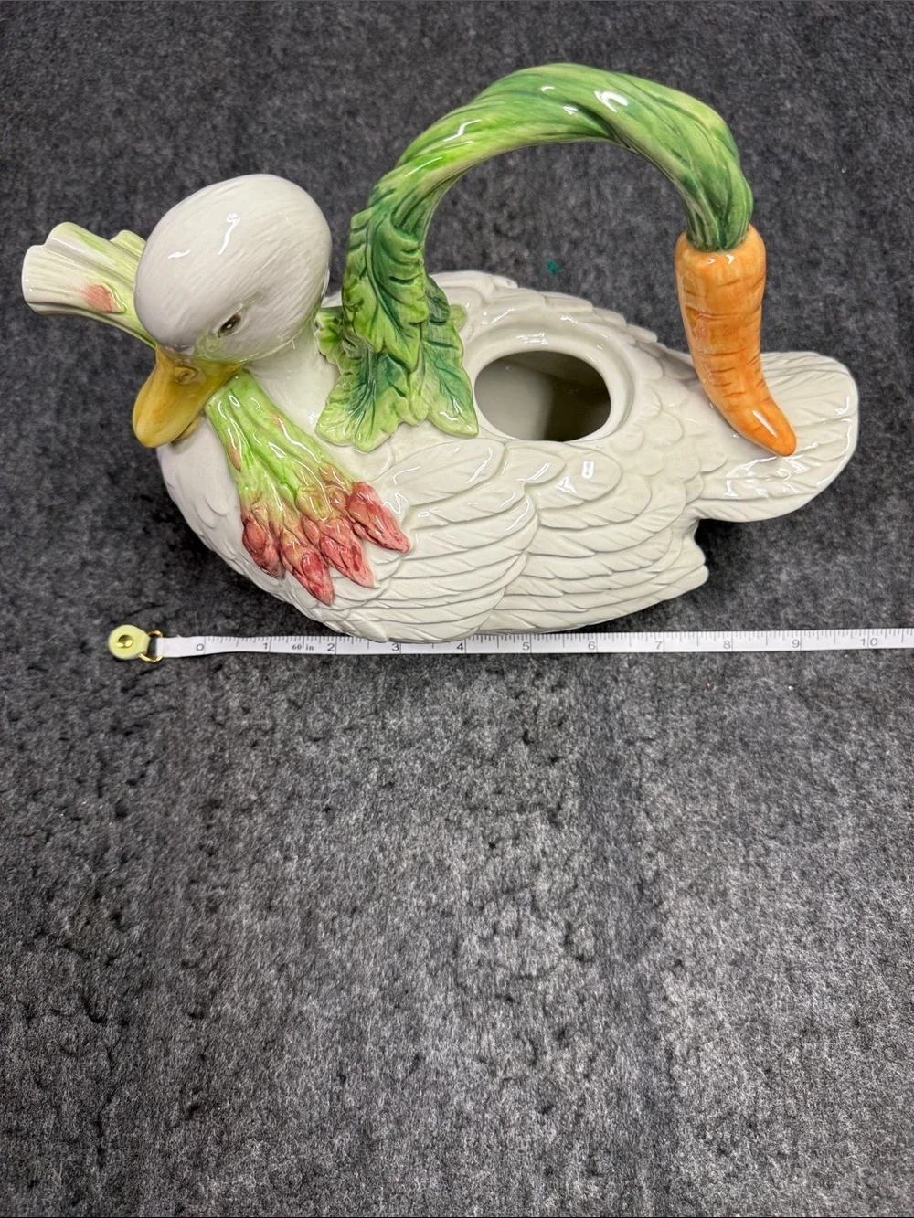 Fitz and Floyd White Duck tea pot with Green Handle and Orange Carrot Accent